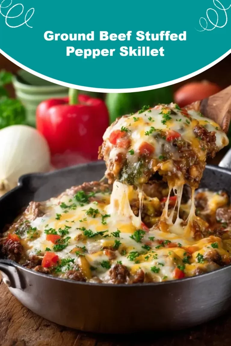 Ground Beef Stuffed Pepper Skillet with colorful bell peppers and rice