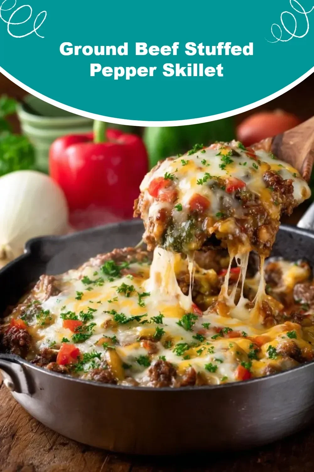 Ground Beef Stuffed Pepper Skillet with colorful bell peppers and rice