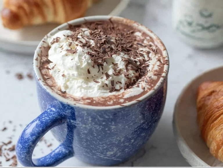 A steaming mug of healthy hot chocolate topped with whipped cream and cocoa powder.