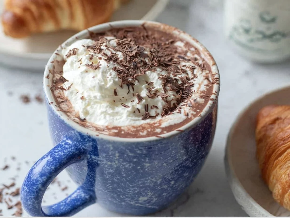 A steaming mug of healthy hot chocolate topped with whipped cream and cocoa powder.