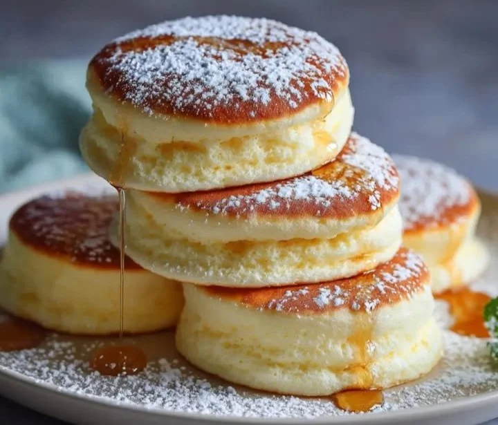 Stack of delicious homemade pancakes with syrup and berries on a plate.