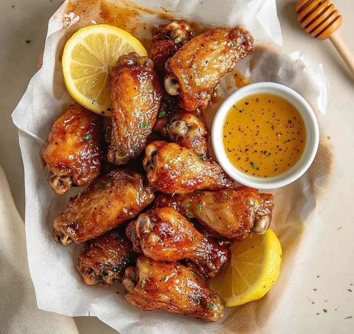 Plate of Honey Lemon Pepper Chicken Wings garnished with herbs