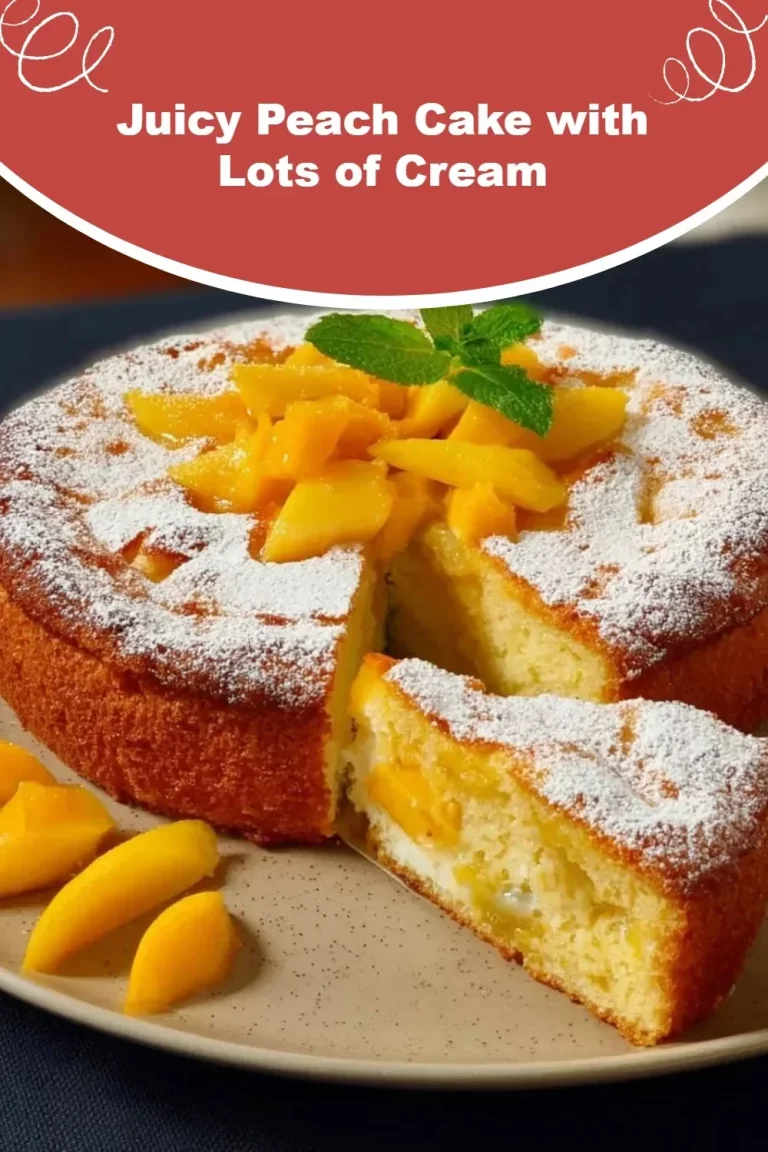 Delicious juicy peach cake topped with creamy frosting