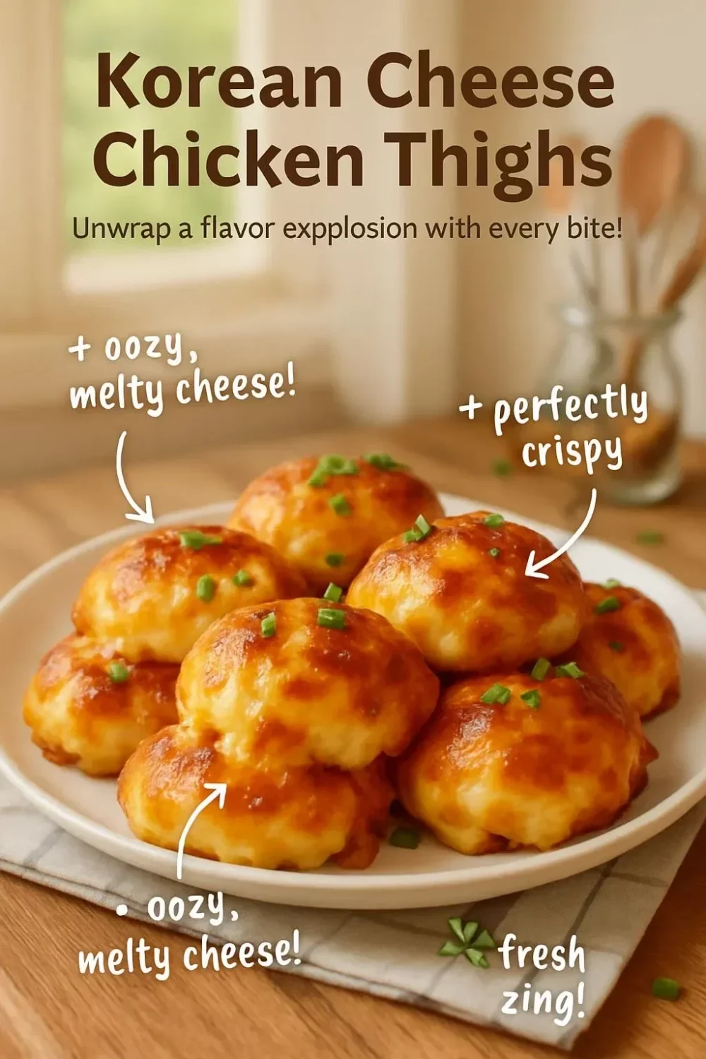 Korean Cheese Chicken Thighs served with melted cheese on top.