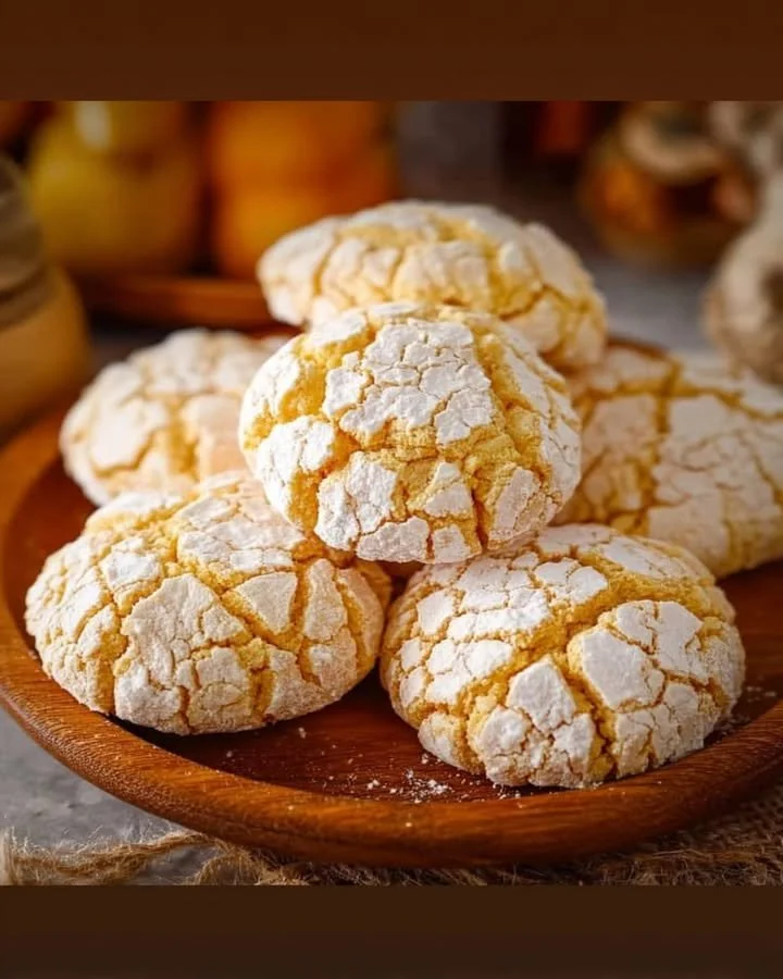Delicious plate of soft Lemon Crinkles cookies dusted with powdered sugar.