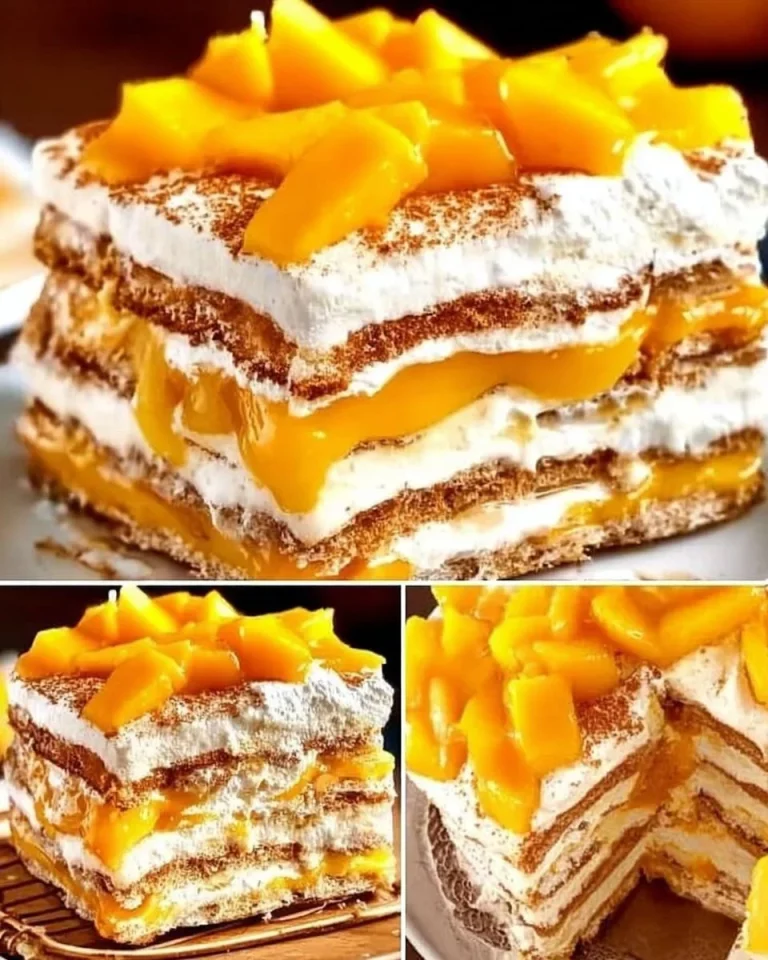 A delicious serving of Mango Graham Cake garnished with fresh mango slices.
