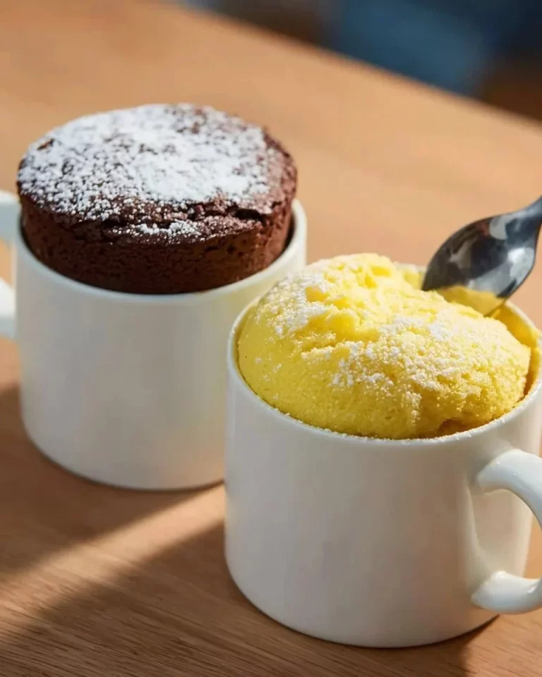 Delicious mug cake topped with yogurt and chocolate in a white mug.