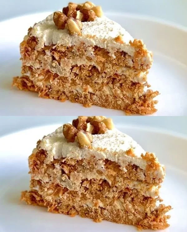 Delicious no-bake carrot cake topped with cream cheese frosting and nuts