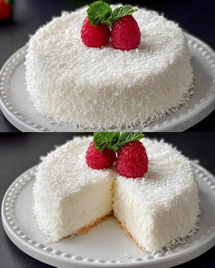 Delicious no-bake coconut cream cake topped with whipped cream and coconut flakes