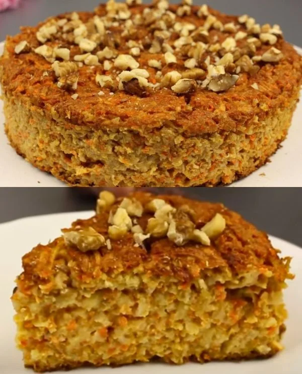 A slice of oatmeal carrot pie with a garnish of walnuts.