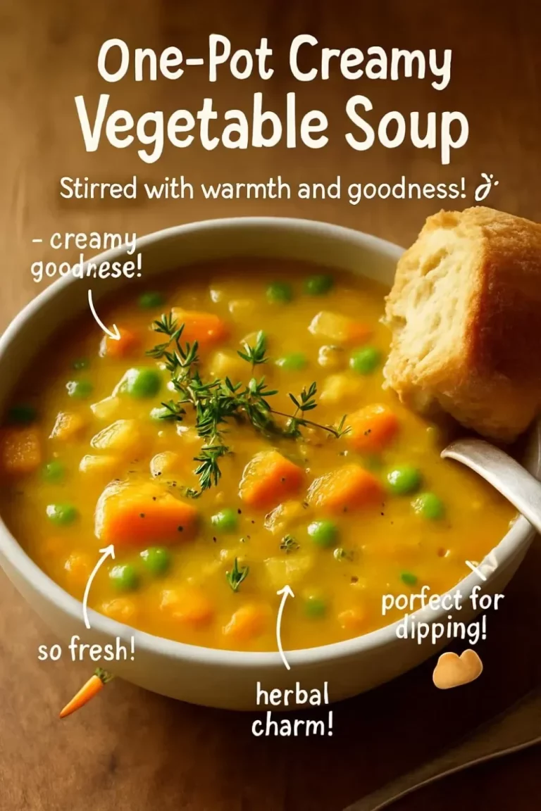 Bowl of one-pot creamy vegetable soup with fresh vegetables and herbs