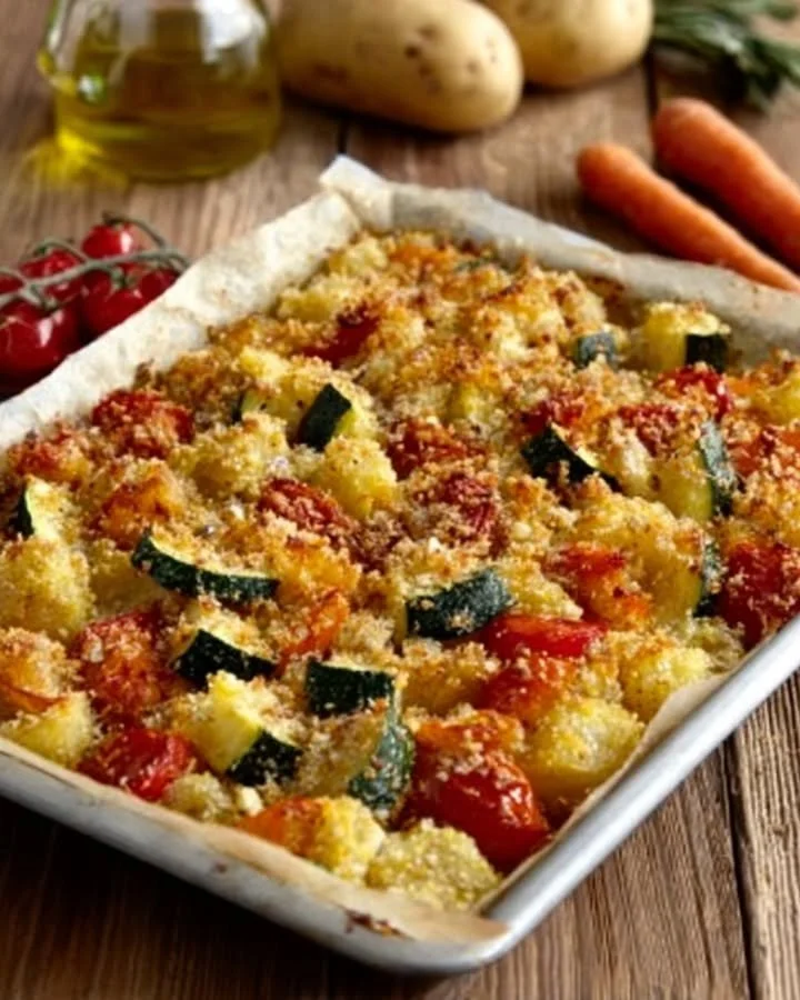 Oven-roasted crispy vegetables arranged on a plate with vibrant colors.