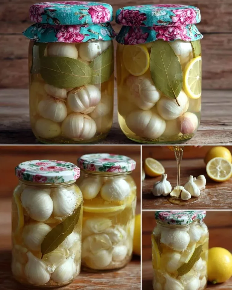Jar of pickled garlic cloves resting on a wooden table