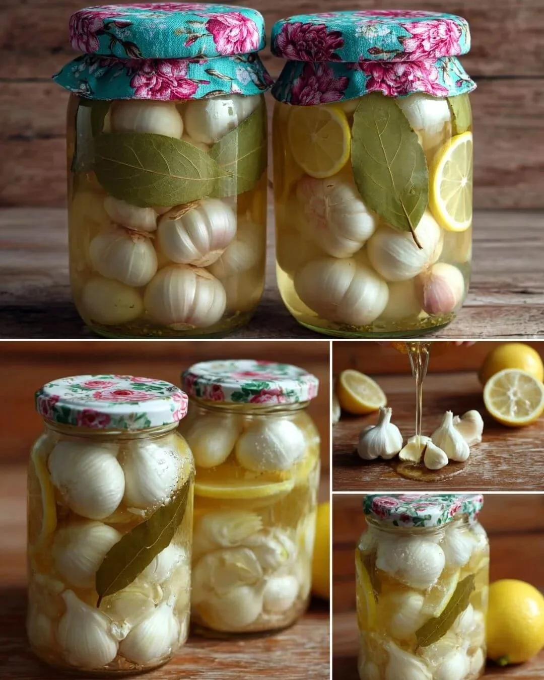Jar of pickled garlic cloves resting on a wooden table