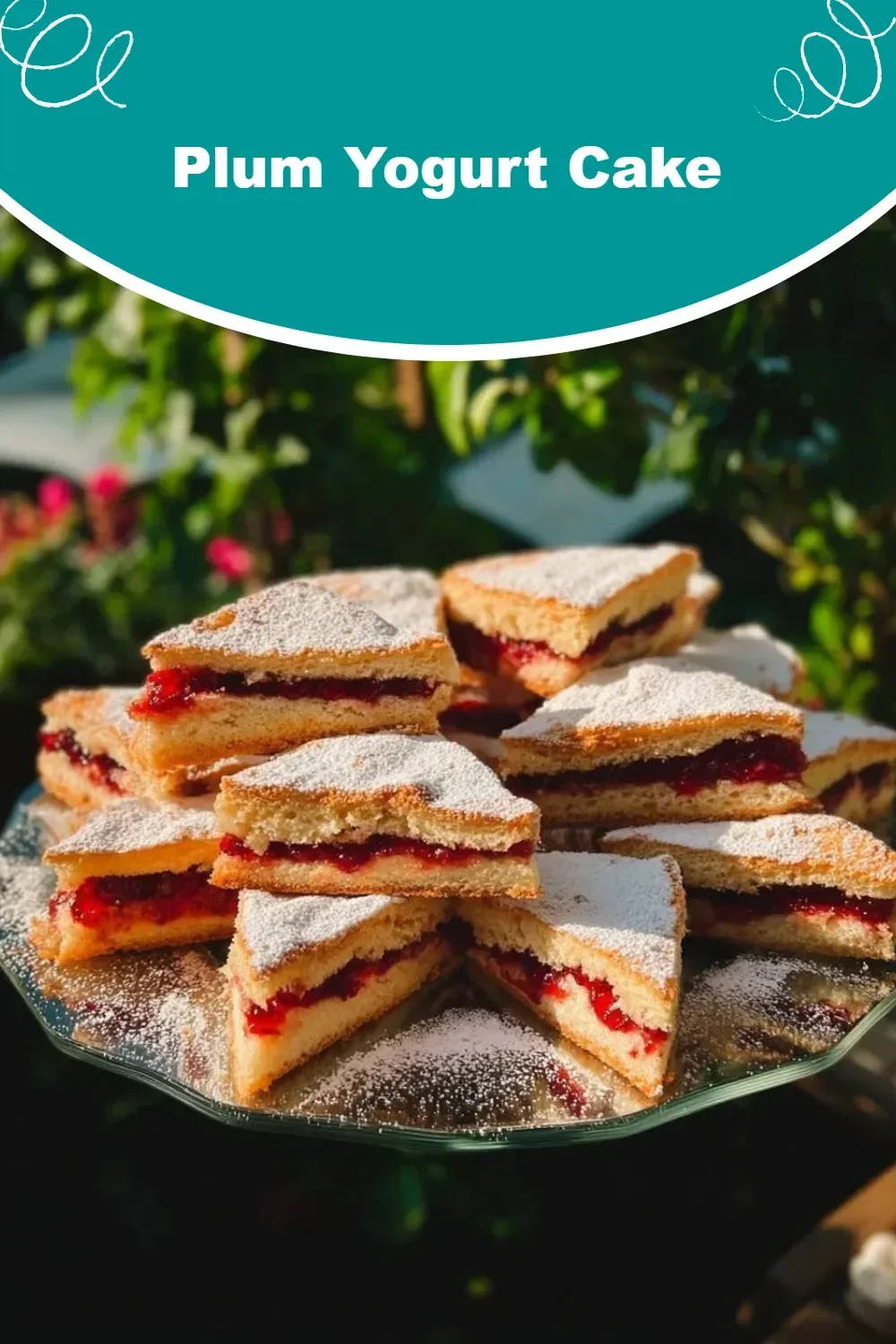 Slice of delicious plum yogurt cake with fresh plums on top