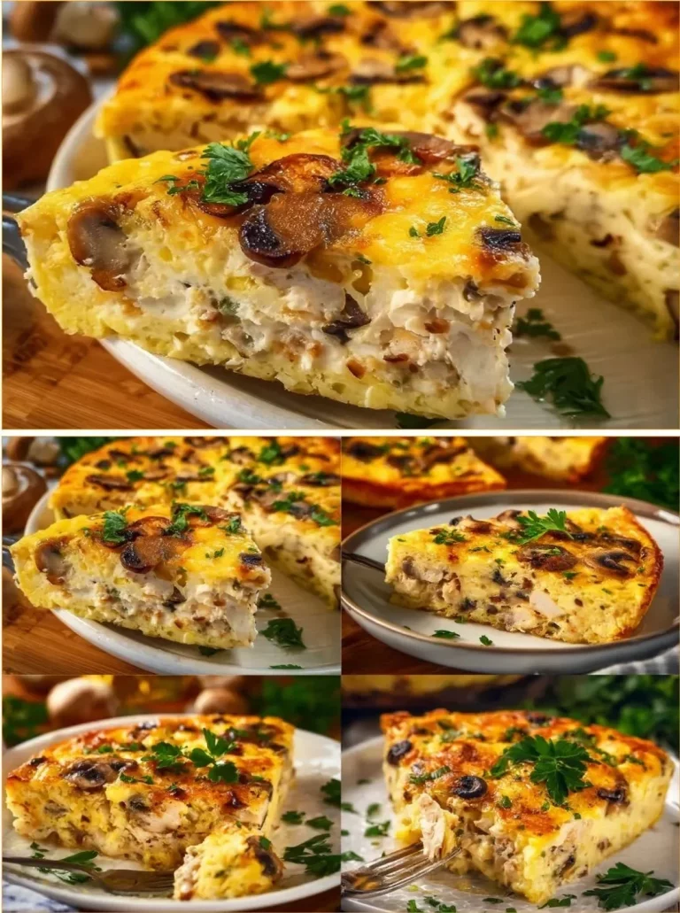 A scrumptious Potato and Chicken Bake served in a ceramic dish, topped with herbs.
