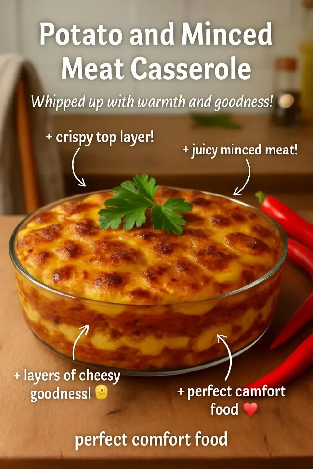 A hearty potato and minced meat casserole, baked to perfection.