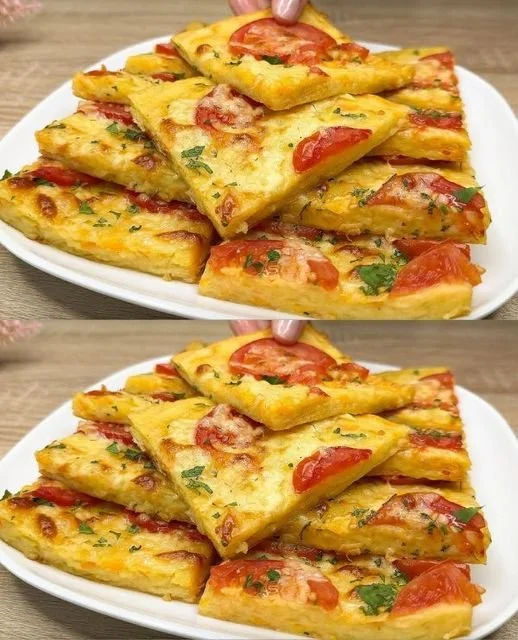 Delicious potato pizza topped with cheese and herbs on a wooden serving board.