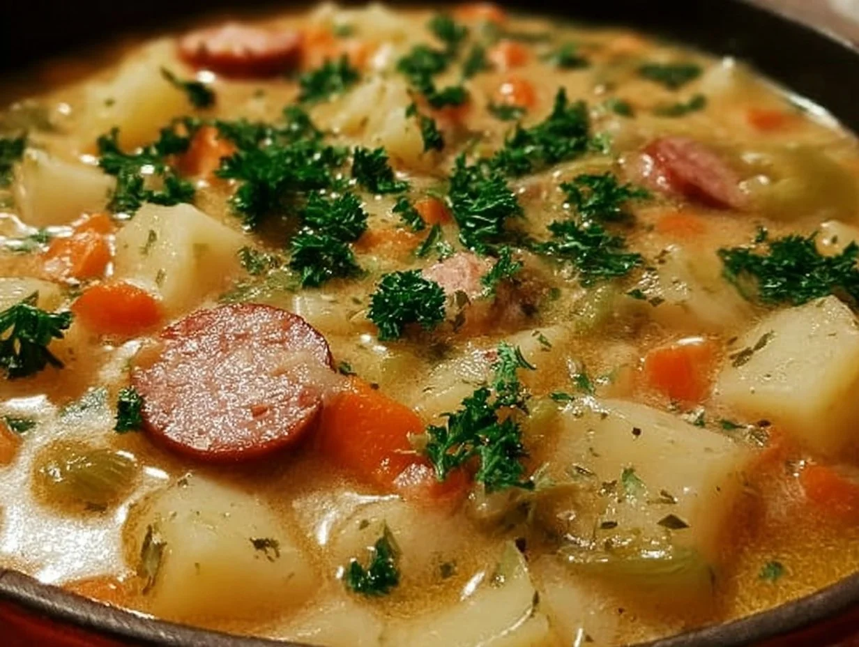 Delicious bowl of creamy potato soup garnished with herbs.