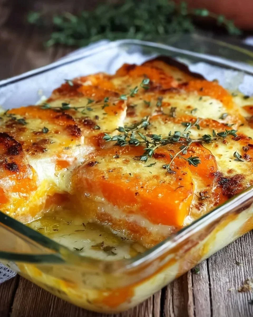 Baked Pumpkin Parmesan dish topped with cheese and herbs