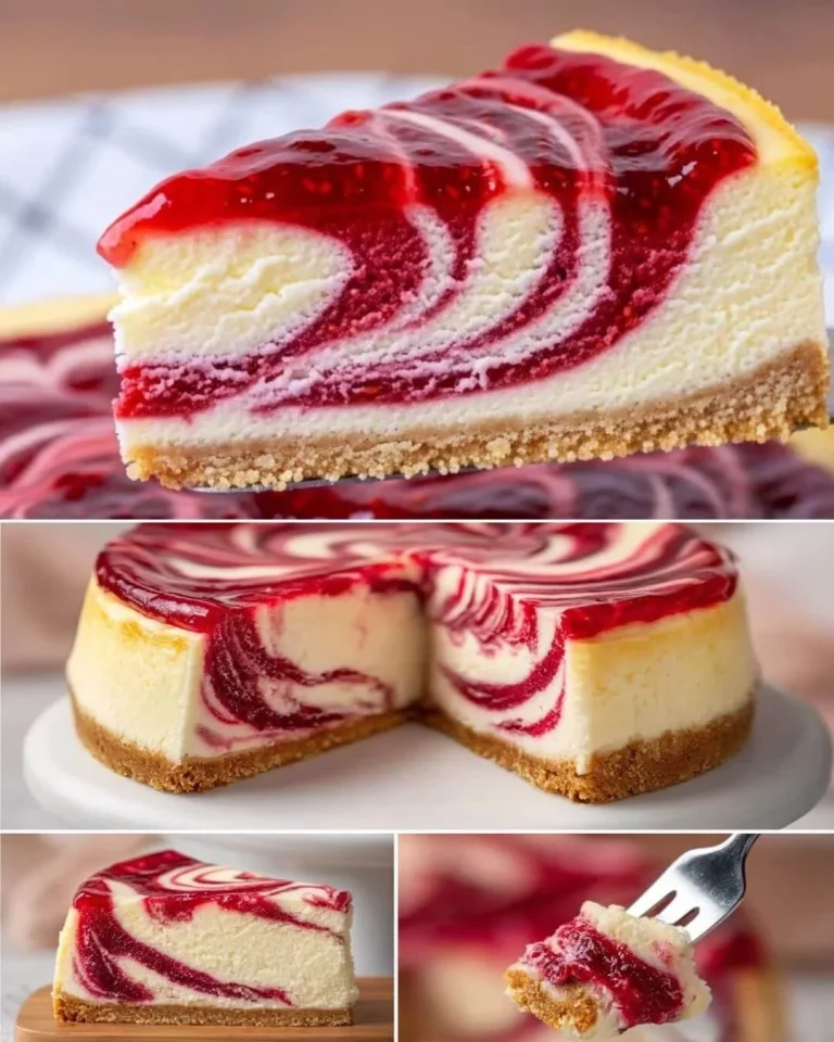 Delicious slice of Raspberry Zebra Cheesecake with raspberry swirls