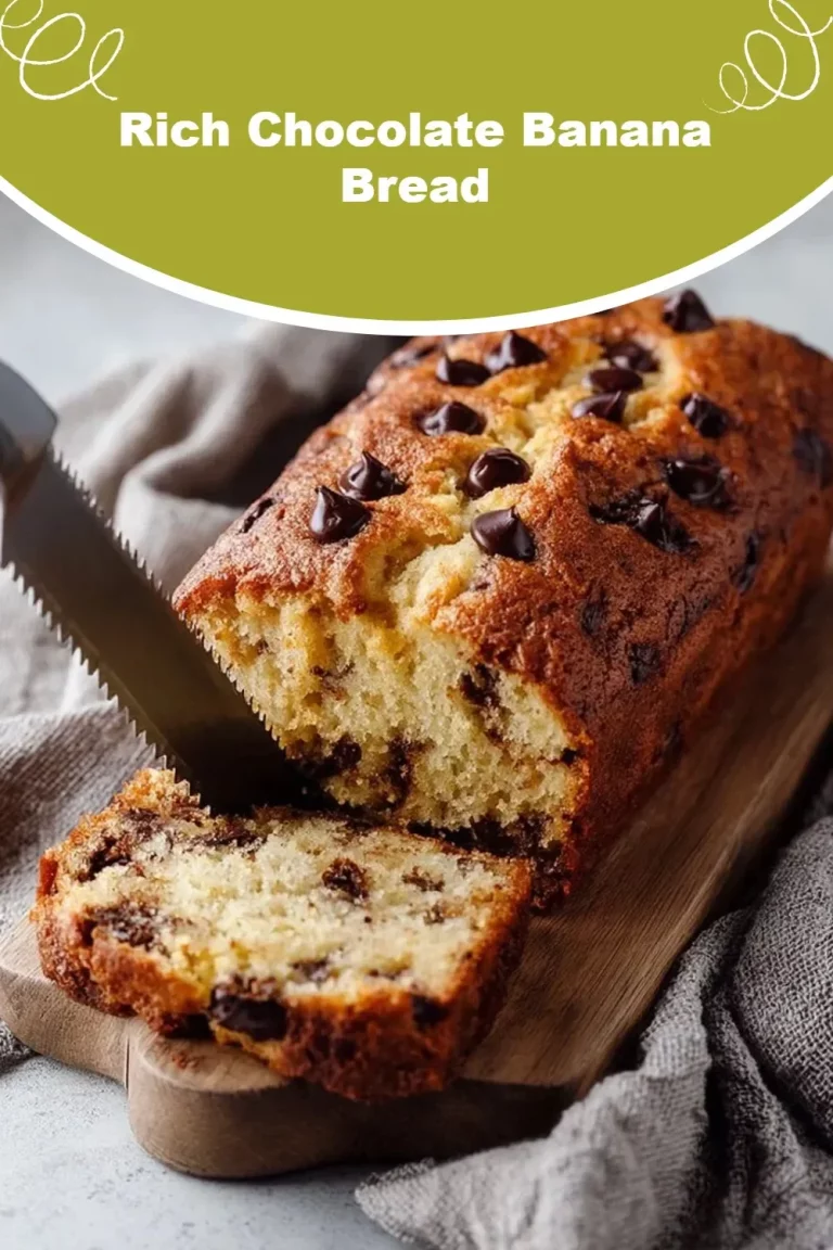 A delicious slice of rich chocolate banana bread topped with chocolate chips.