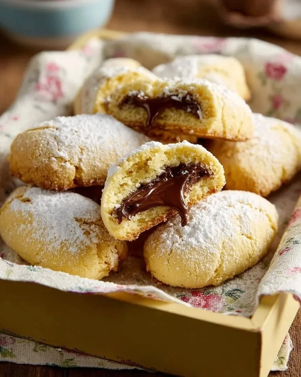 Ricotta cookies with a soft chocolate heart freshly baked on a tray