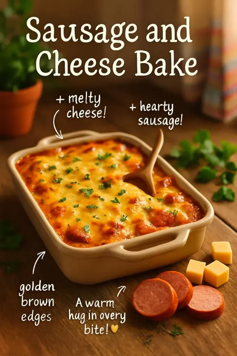 A delicious Sausage and Cheese Bake served hot, garnished with herbs.