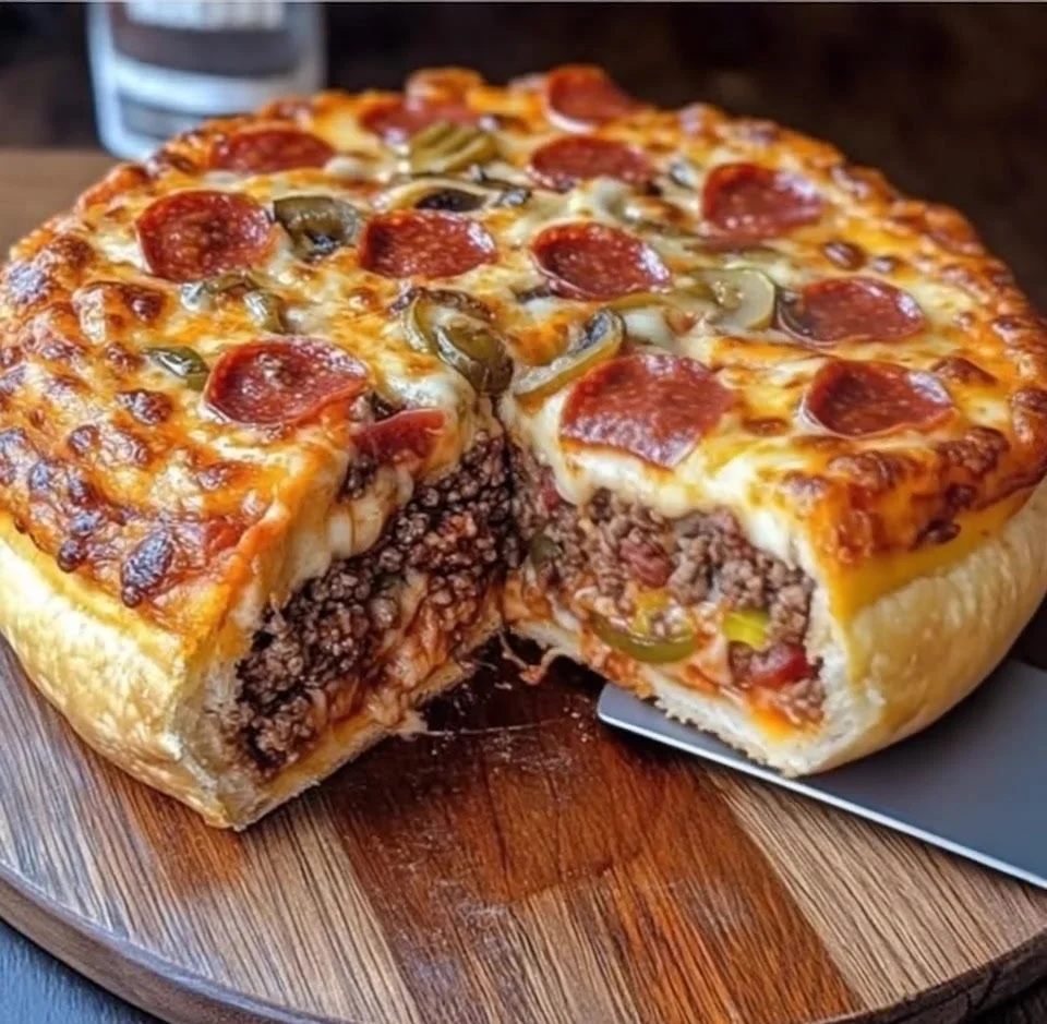 Delicious savory pizza pie topped with fresh ingredients