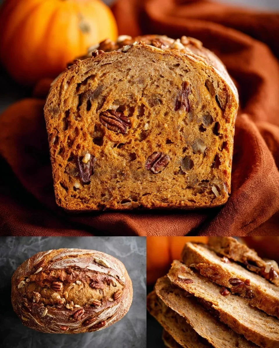 Sliced sourdough pumpkin apple bread with cinnamon and pecans on a wooden board