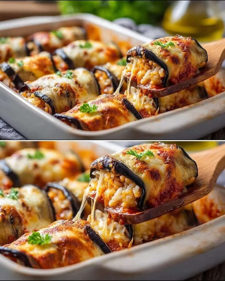 Stuffed eggplant filled with savory ingredients and topped with herbs