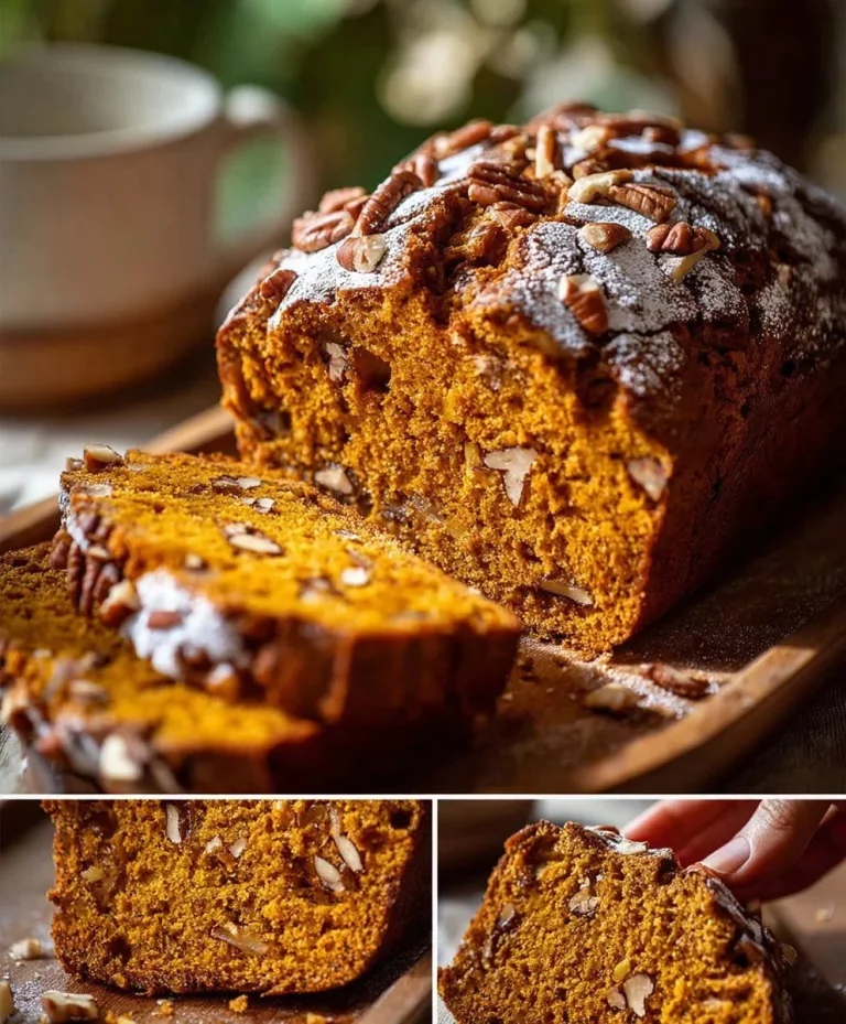 Loaf of sweet sourdough pumpkin bread with spices and nuts on a wooden table