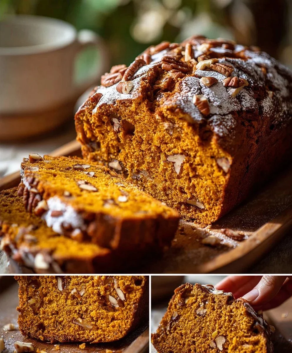 Loaf of sweet sourdough pumpkin bread with spices and nuts on a wooden table