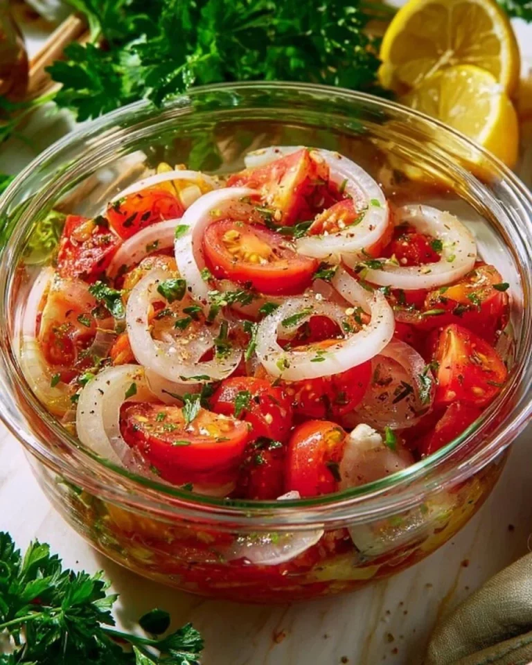 Fresh tomato salad with onion and homemade dressing in a bowl