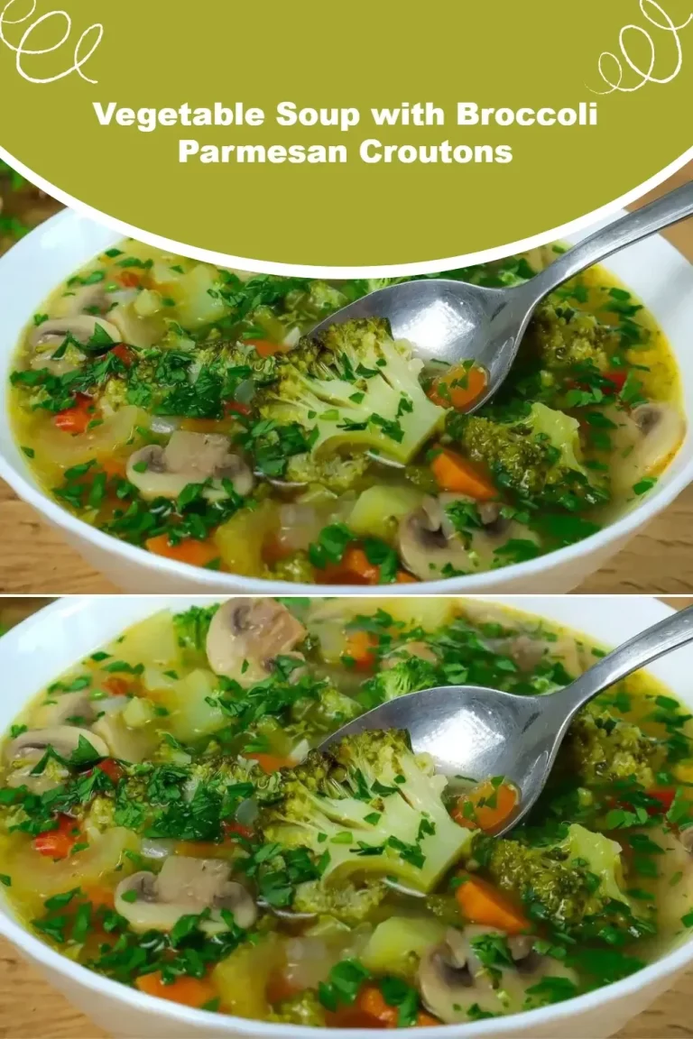 Bowl of vegetable soup topped with broccoli parmesan croutons