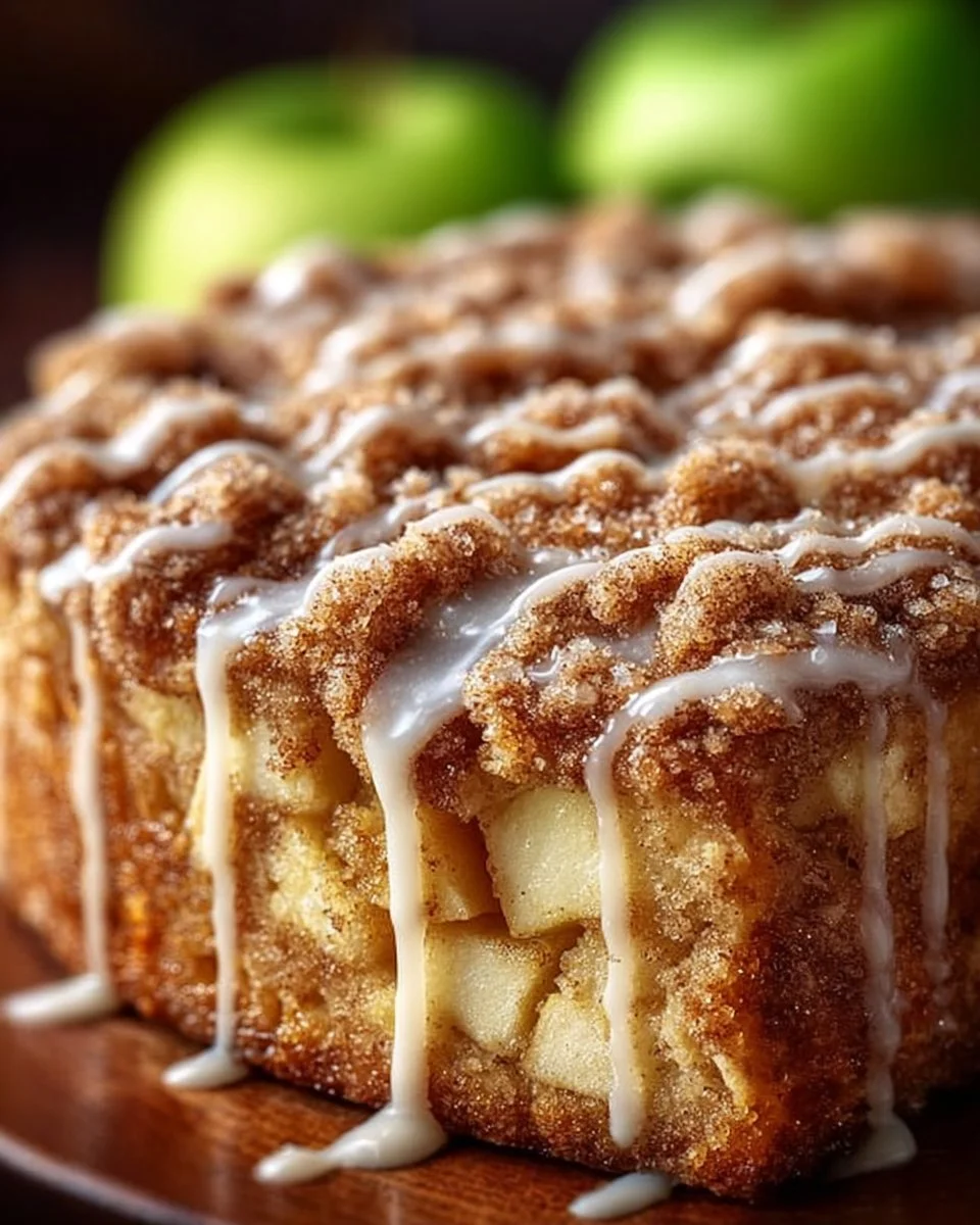 Slice of homemade Apple Crumb Cake with crumb topping and fresh apple slices