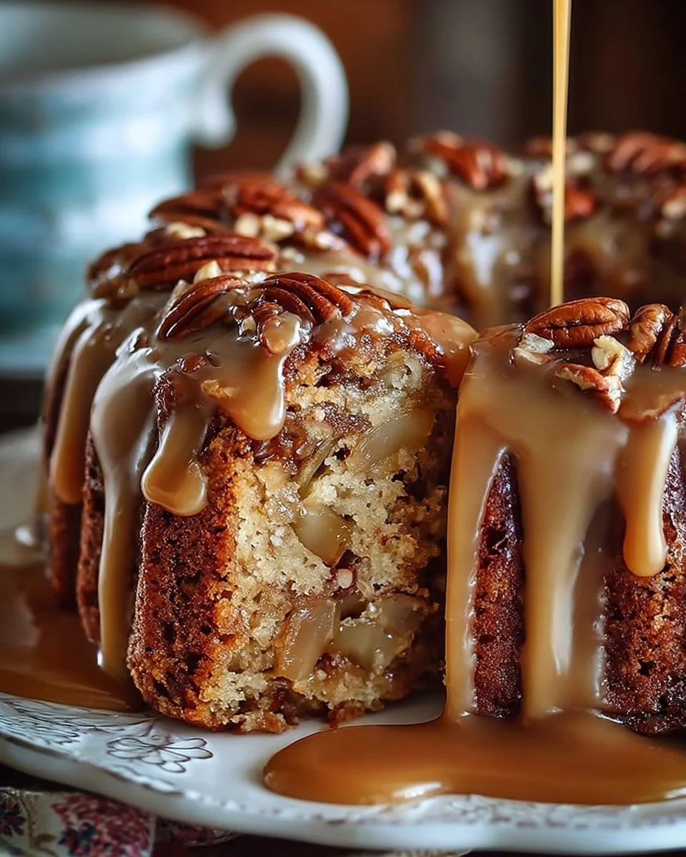 Delicious Apple Pecan Cake topped with Caramel Glaze on a rustic wooden table