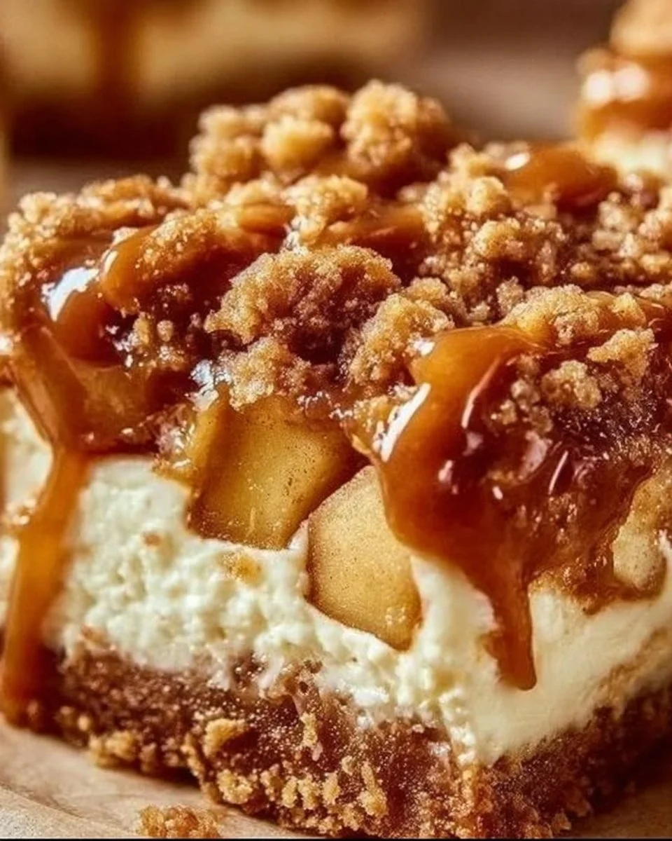 Delicious Caramel Apple Cheesecake Bars topped with caramel drizzle
