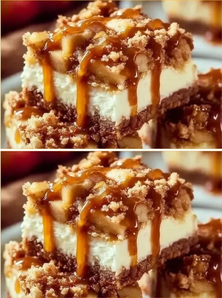 Delicious Caramel Apple Cheesecake Bars with a caramel drizzle and apple slices