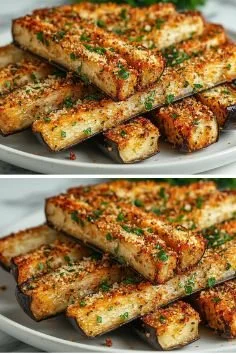 Crispy eggplant sticks served with dipping sauce on a plate.