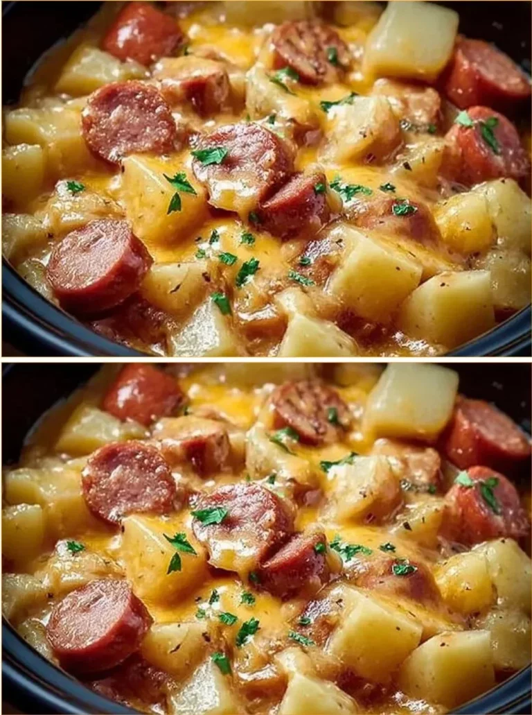 Crockpot Cheesy Potatoes with Kielbasa dish served on a plate