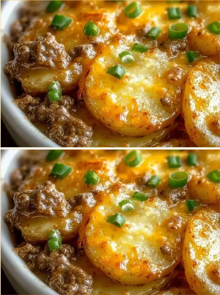 A delicious serving of crockpot hamburger potato casserole topped with cheese.