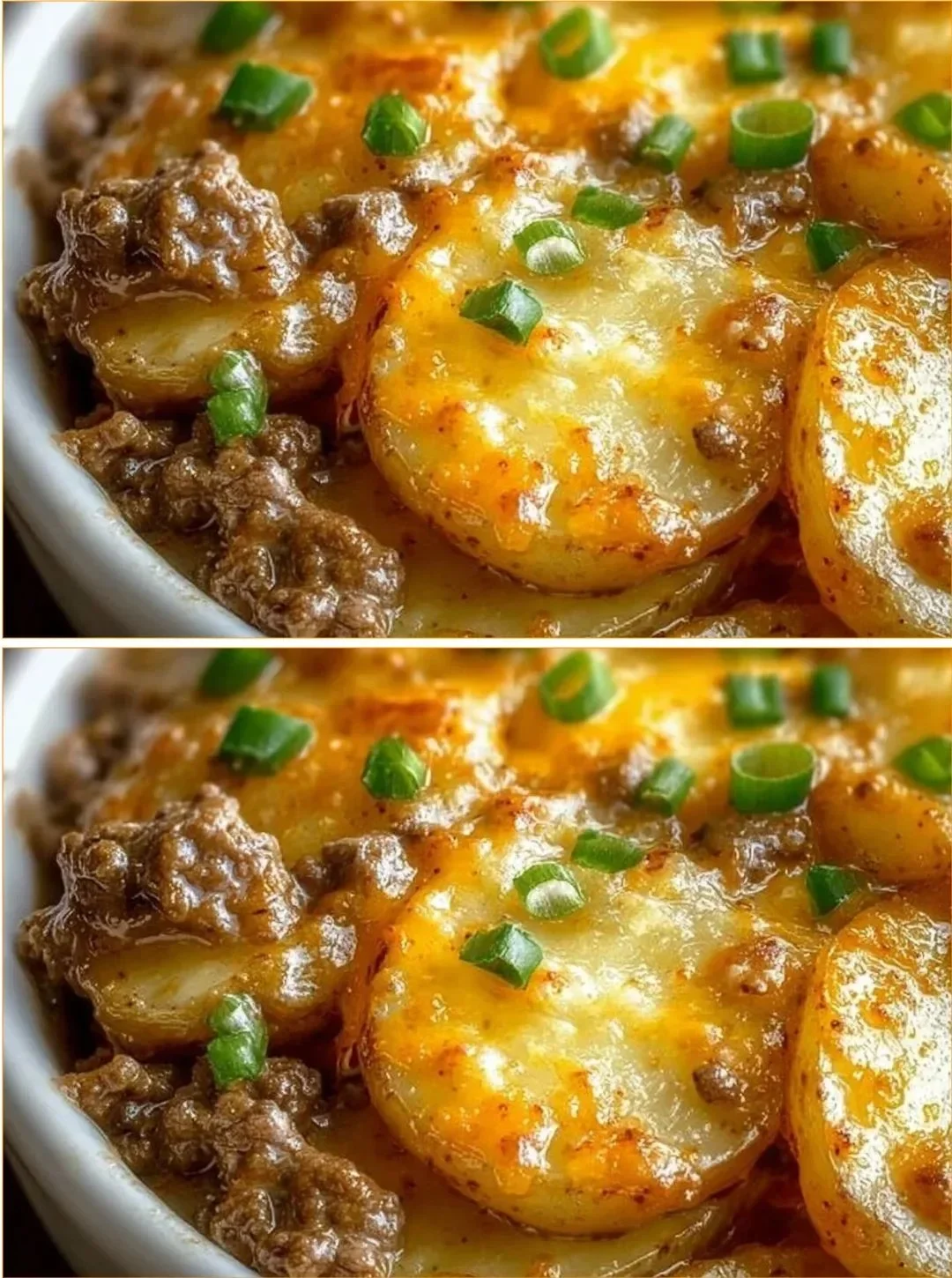 A delicious serving of crockpot hamburger potato casserole topped with cheese.