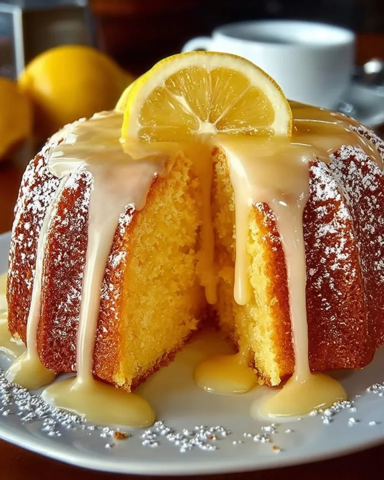 Delicious lemon cake with frosting and lemon slices on top.