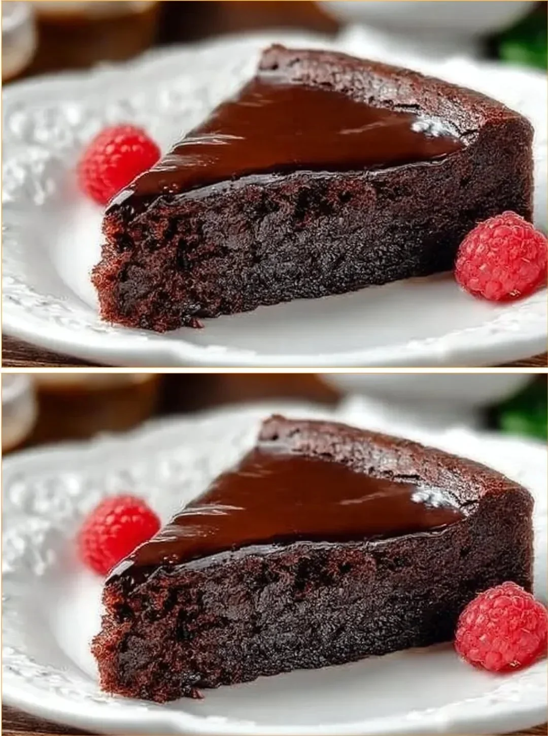 Delicious flourless chocolate cake topped with chocolate ganache and fresh berries.
