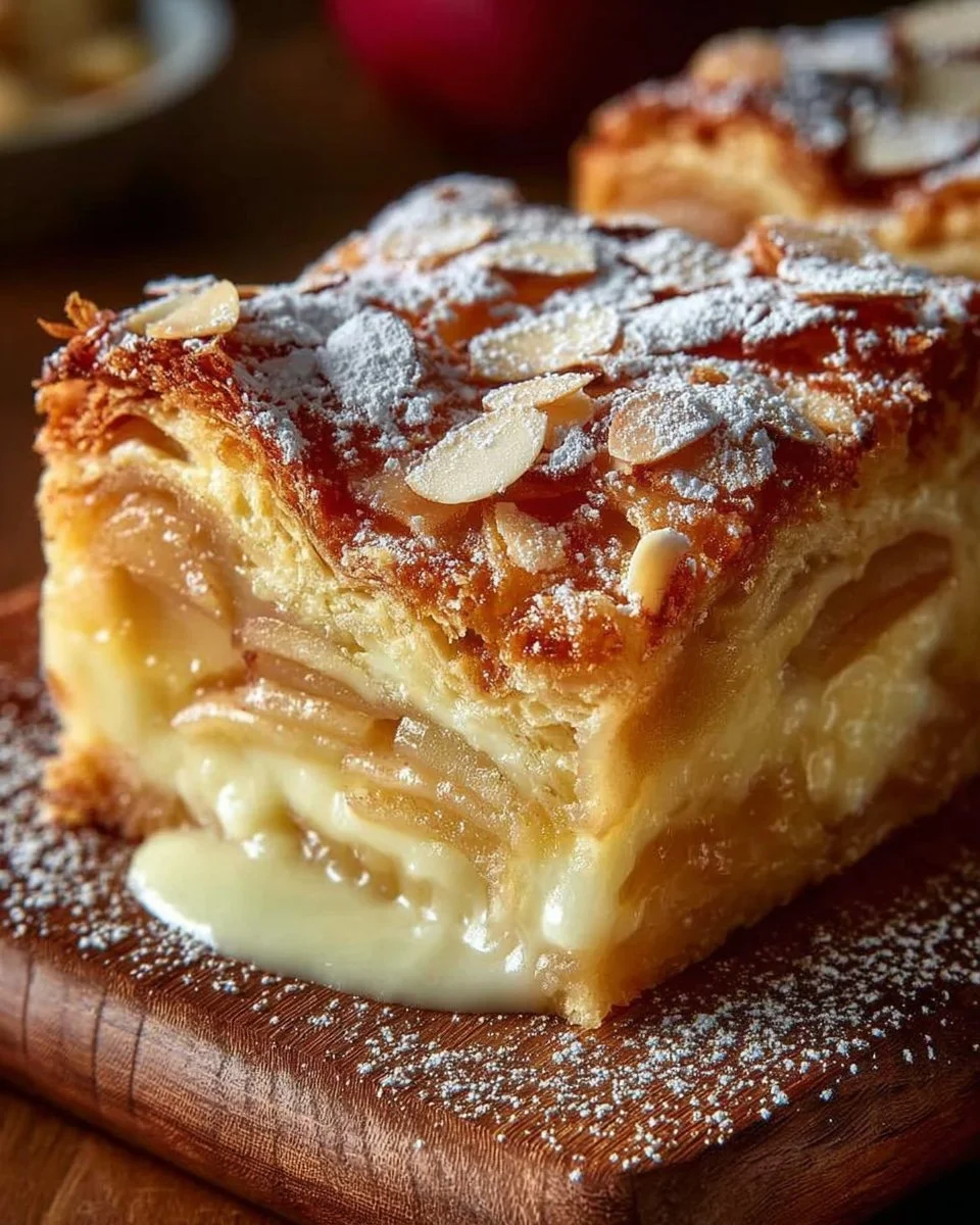 Slice of French Apple Invisible Cake with fresh apples on a plate.