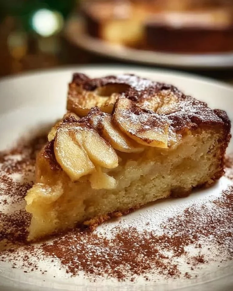 Delicious slice of German Apple Cake topped with fresh apples and cinnamon
