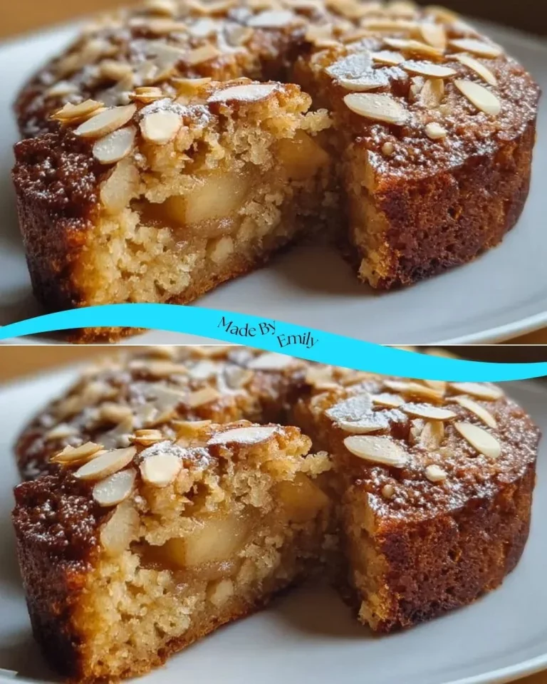 Healthy oatmeal apple cake topped with fresh apple slices and oats