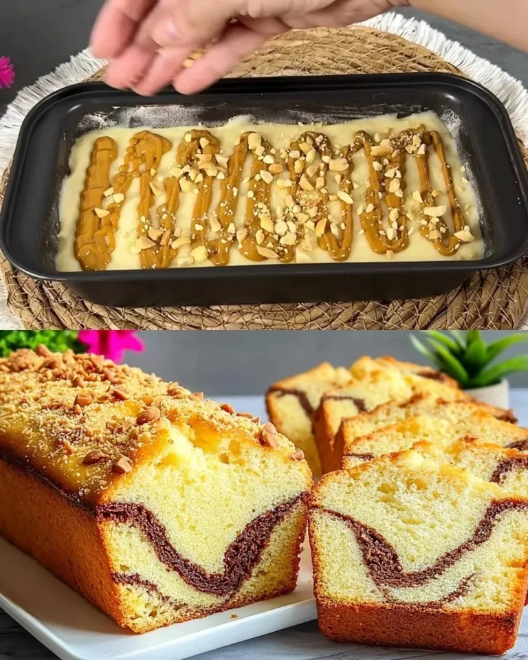 Marbled Cake with Biscoff Cream topped with a drizzle of caramel