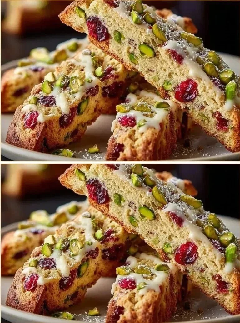 Pistachio Cranberry Biscotti with nuts and cranberries on a wooden table